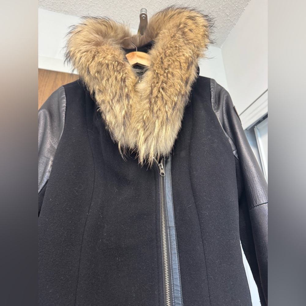 Size Large Black warm winter coat with fur hood double layer SICILY, brown fur L - Picture 4 of 16